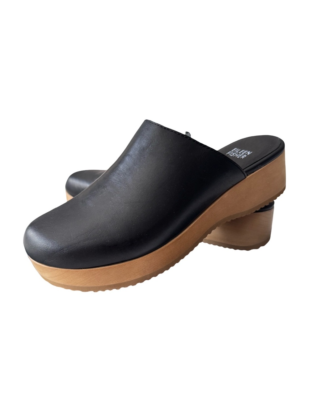Eileen Fisher Smooth Leather Clogs Wooden Wedge Platform Size 7.5